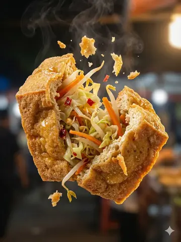 "Macro food photography of a crispy martabak telur tearing