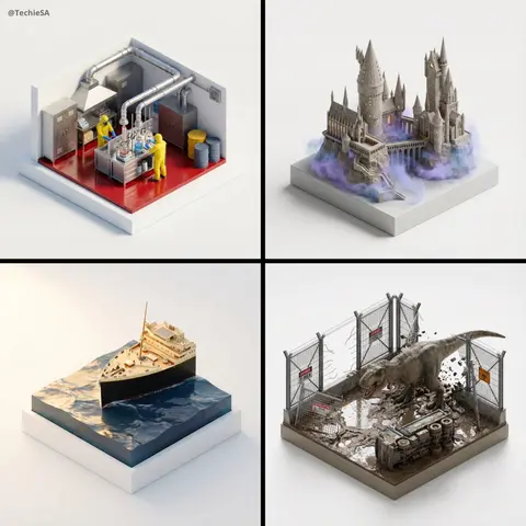 Stylized, ultra high-fidelity 3D isometric miniature diorama, 35–40° isometric