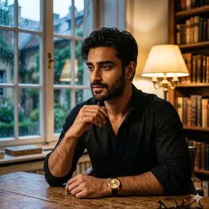 Cinematic Chiaroscuro Portrait of a South Asian Man in a Library