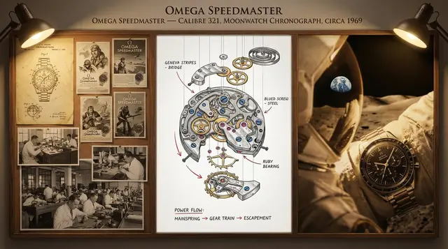 A master watchmaker's documentation board for [TIMEPIECE] — [MANUFACTURE