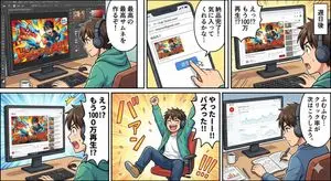 Five-panel manga of a YouTube thumbnail creator workflow