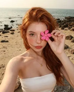 Golden Hour Beach Selfie with Pink Flower