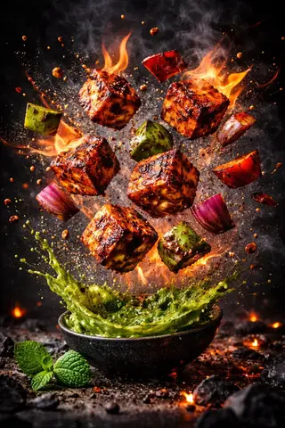 Hyper Realistic Cinematic Food Photography Erupting Upward with Dynamic Splash Behavior