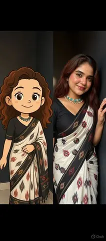 Side-by-Side Portrait of Realistic Woman in Saree and Cartoon Younger Self