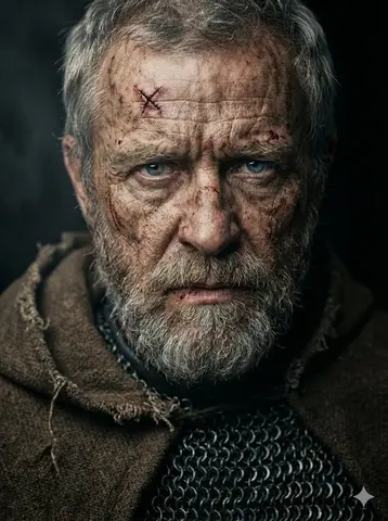 A hyper-realistic, cinematic close-up portrait of a battle-hardened, elderly