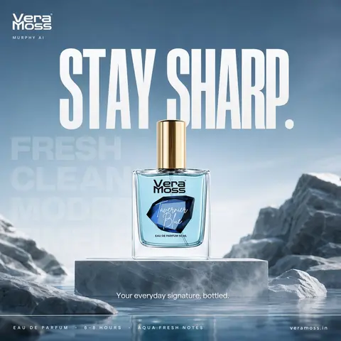 Hyper-realistic cinematic perfume billboard poster for Vera Moss Tavernier
