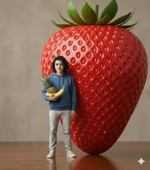 Hyper-realistic Giant Strawberry with Tiny Subject