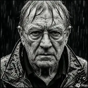 Monochrome Portrait of Elderly Man in Heavy Rain