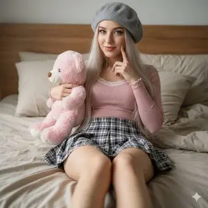 Photorealistic Bedroom Portrait with Teddy Bear and Beret