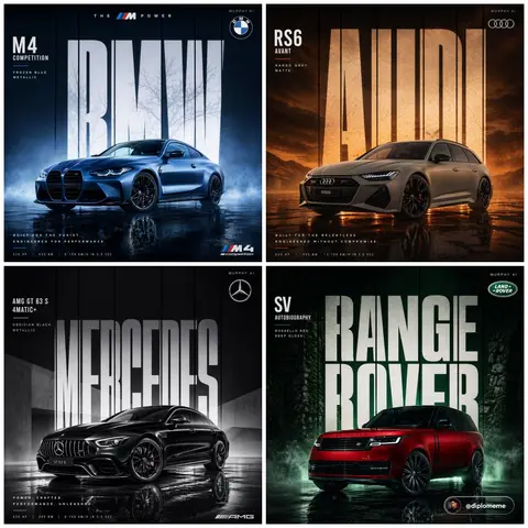 Cinematic automotive billboard poster, [CAR MODEL + VARIANT] in