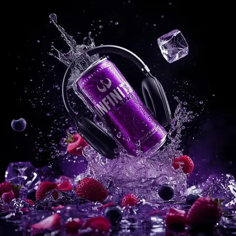 Ultra-cinematic product photography of a purple energy drink can