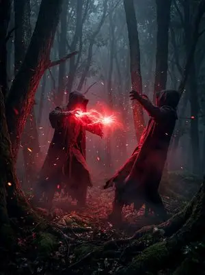 Dramatic cinematic forest clash scene
