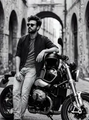 Black and White Cinematic Motorcycle Portrait