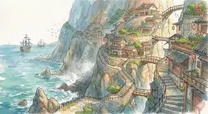 Watercolor Cliffside Village Illustration