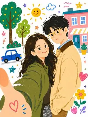 Cozy Couple Selfie Doodle Illustration