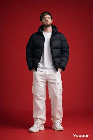 Ultra-realistic full-body studio fashion portrait of a stylish young