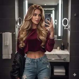 Hyper-detailed mirror selfie of a young woman in luxury bathroom
