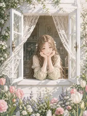 Romantic Cottage Window Garden Scene