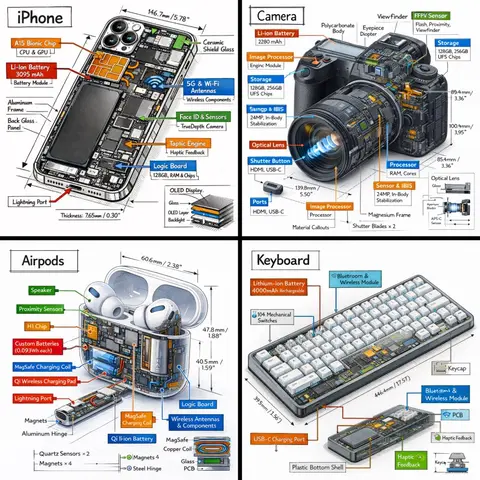 technical infographic of [OBJECT] with a 45-degree isometric 3D