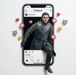 Trompe l'oeil subject stepping out of social media screen