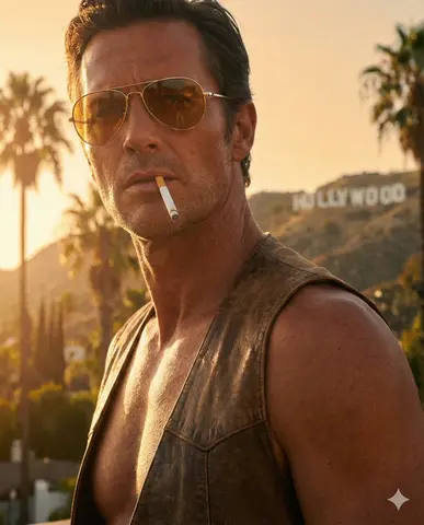 Shirtless male subject, hyper-realistic skin texture, deep tan, 1970s