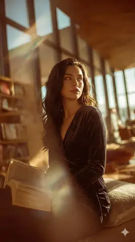 Woman Cinematic Realism, High End Editorial Photography Seated Sideways on a Bench,