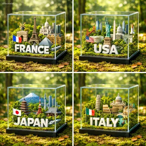 A hyper-realistic 1080x1080 photograph of a glass cube diorama