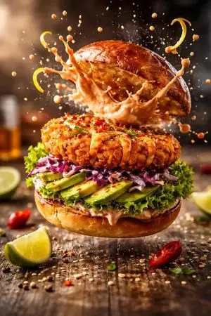 Cinematic Mid-Air Shrimp Burger Photo Prompt