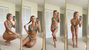 Four-pose mirror selfie with bikini and pigtails prompt