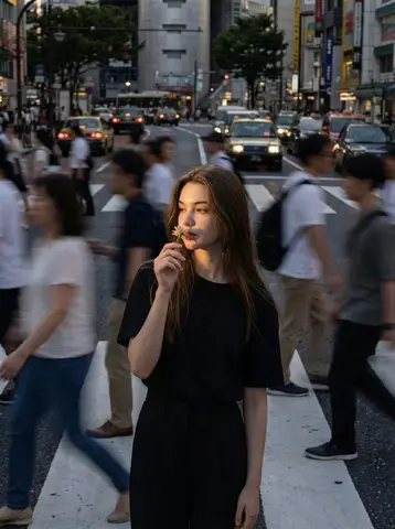 Image Generation Prompt Photorealistic Cinematic Street Photography, Documentary Aesthetic Gently Smelling a