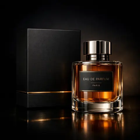 Luxury perfume product photography in a dark cinematic studio