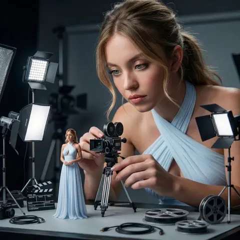 A hyper-realistic cinematic scene of a giant woman filmmaker