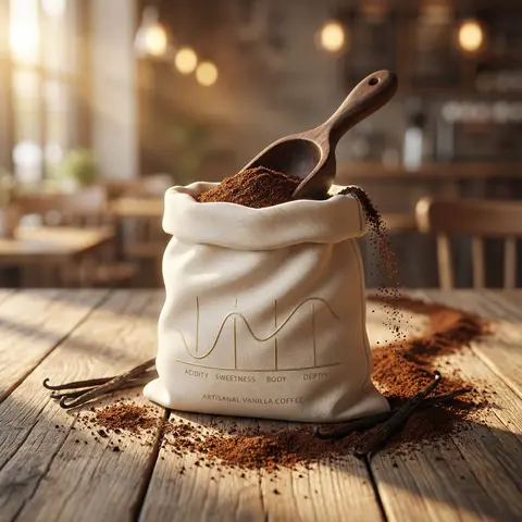 Luxury product photography of artisanal vanilla ground coffee packaged