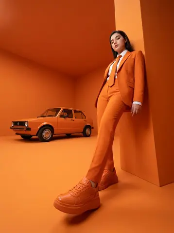 High-fashion editorial photography of a woman with the uploaded