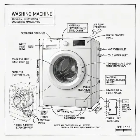 infographic image of [washing machine], combining a realistic photograph