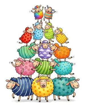 Whimsical Sheep Pyramid Illustration