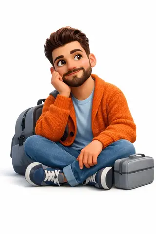 A 3D, Pixar-style animated young man sits cross-legged on