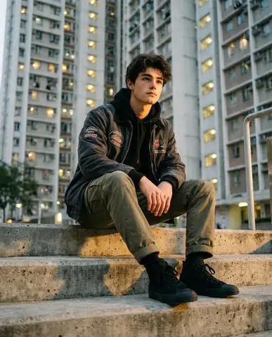 A stylish young man sitting confidently on raw concrete