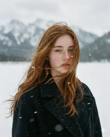 A poetic cinematic portrait of a young woman standing