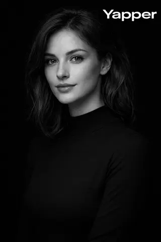 "High-contrast monochromatic studio portrait of a European woman around