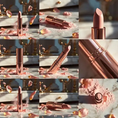 Elegant rose-gold lipstick standing upright on a reflective marble