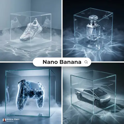 [product], futuristic high-end ad, transparent glass cube enclosure, caustic