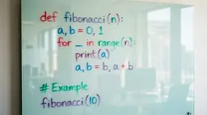 Python Fibonacci code on glass whiteboard