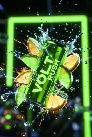 Ultra-cinematic product photography of a neon-green energy drink can