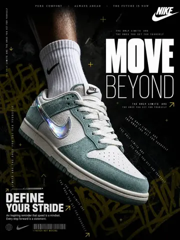 A hyperrealistic Nike sneaker advertisement shot in a dark