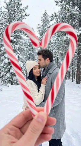 Photoreal Winter Couple Portrait with Candy Cane Frame