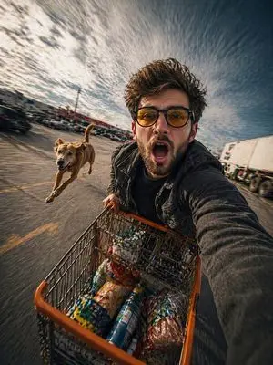 Realistic Action Selfie with Shopping Cart
