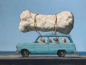 Dogs Carrying Giant Bone by the Sea