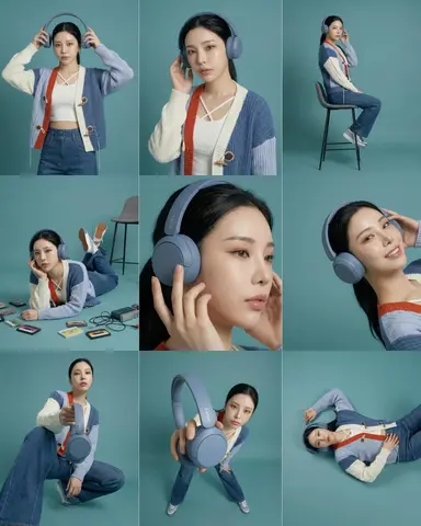 3×3 storyboard grid, nine panels, same subject and outfit