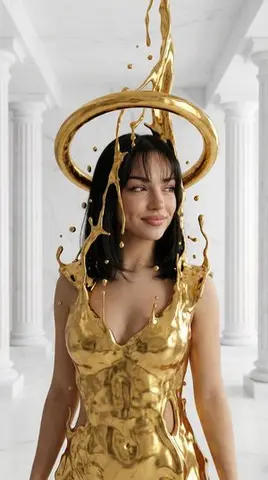 Surreal High-Fashion Portrait with Liquid Gold and Classical Architecture